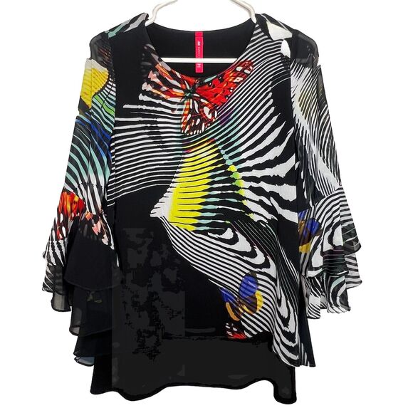 IC by Connie K butterfly print bell sleeve Layered blouse top Size Small USA b23 - Picture 1 of 8